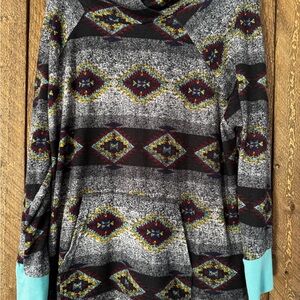 Lularoe Geometric Patterned Hoodie with Turquoise Accents